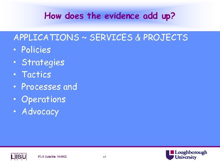 How does the evidence add up? APPLICATIONS ~ SERVICES & PROJECTS • Policies •