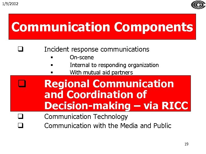 1/9/2002 Communication Components q Incident response communications § § § On-scene Internal to responding