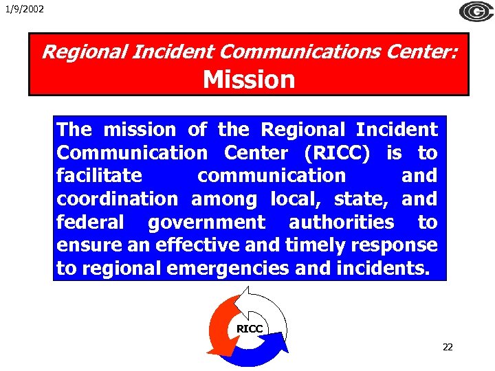 1/9/2002 Regional Incident Communications Center: Mission The mission of the Regional Incident Communication Center