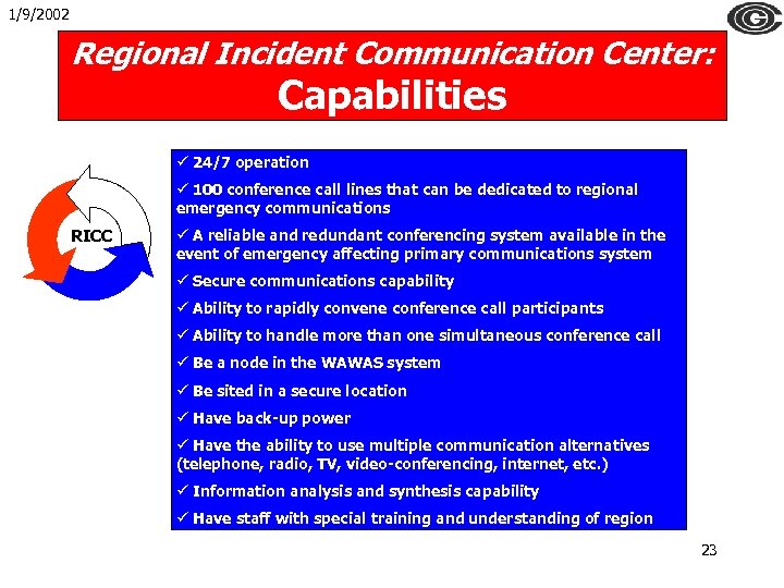 1/9/2002 Regional Incident Communication Center: Capabilities ü 24/7 operation ü 100 conference call lines