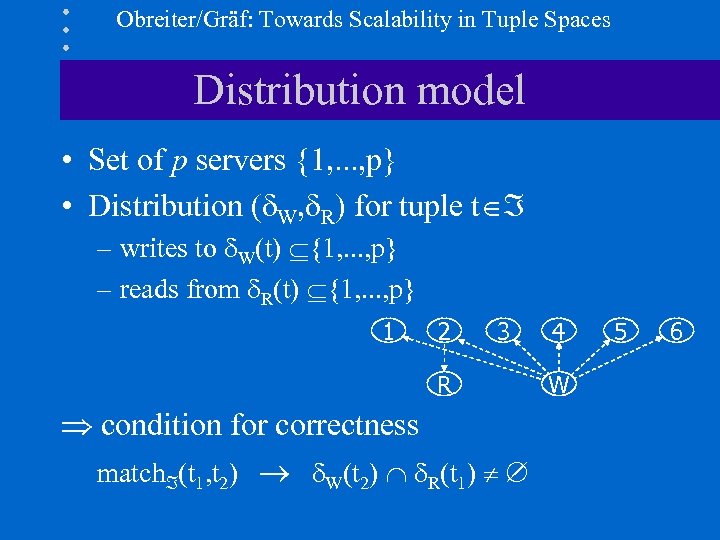 Obreiter/Gräf: Towards Scalability in Tuple Spaces Distribution model • Set of p servers {1,