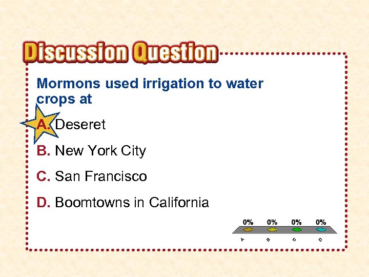 Mormons used irrigation to water crops at A. Deseret B. New York City C.