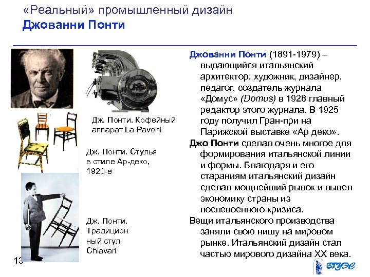  «Реальный» промышленный дизайн Джованни Понти Дж. Понти. Кофейный аппарат La Pavoni Дж. Понти.