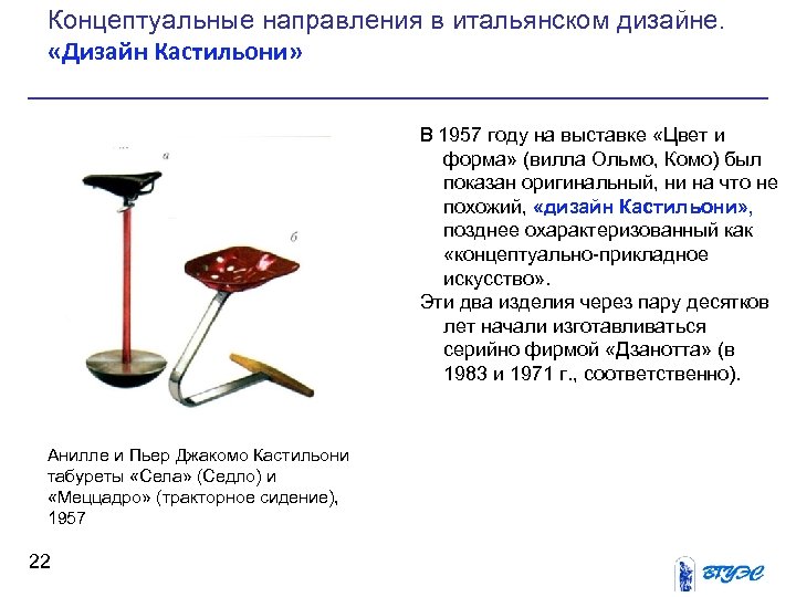 Концептуальные направления в итальянском дизайне. «Дизайн Кастильони» В 1957 году на выставке «Цвет и