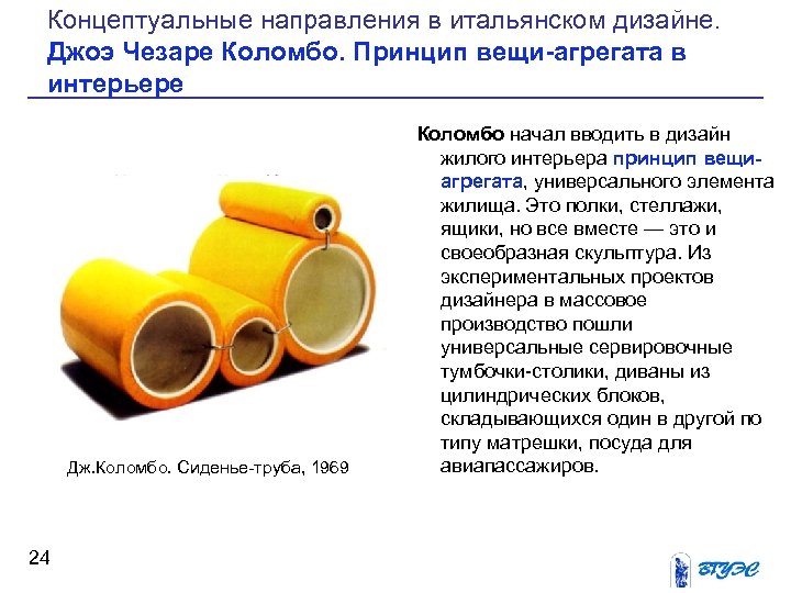 Концептуальные направления в итальянском дизайне. Джоэ Чезаре Коломбо. Принцип вещи-агрегата в интерьере Дж. Коломбо.