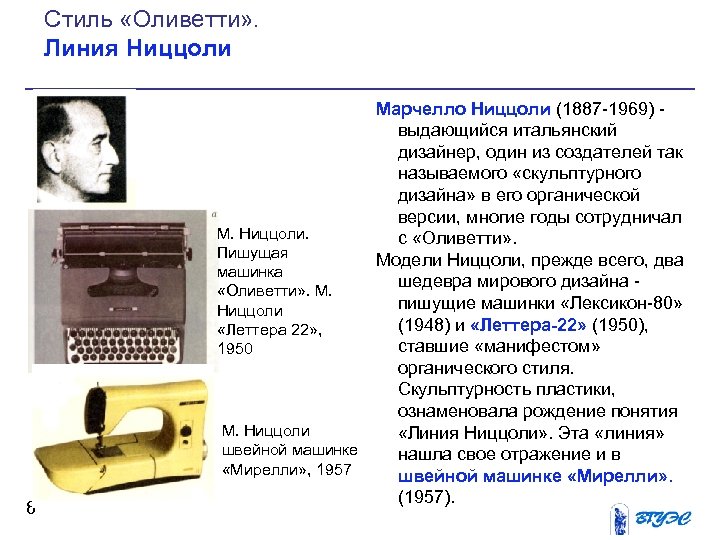 Стиль «Оливетти» . Линия Ниццоли 8 Марчелло Ниццоли (1887 1969) выдающийся итальянский дизайнер, один