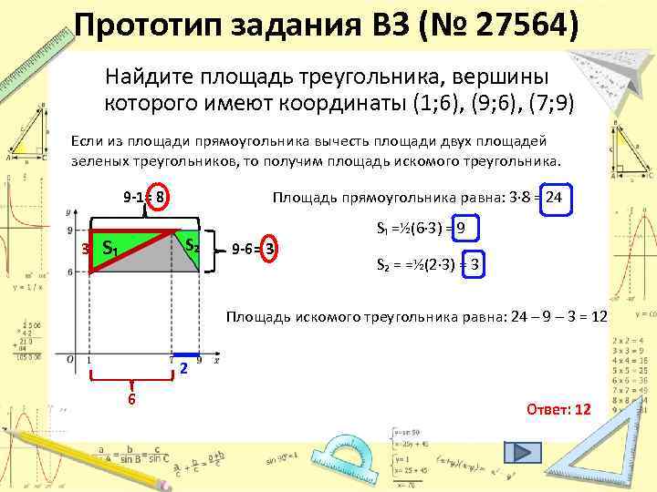 Прототип задания B 3 (№ 27564) Найдите площадь треугольника, вершины которого имеют координаты (1;