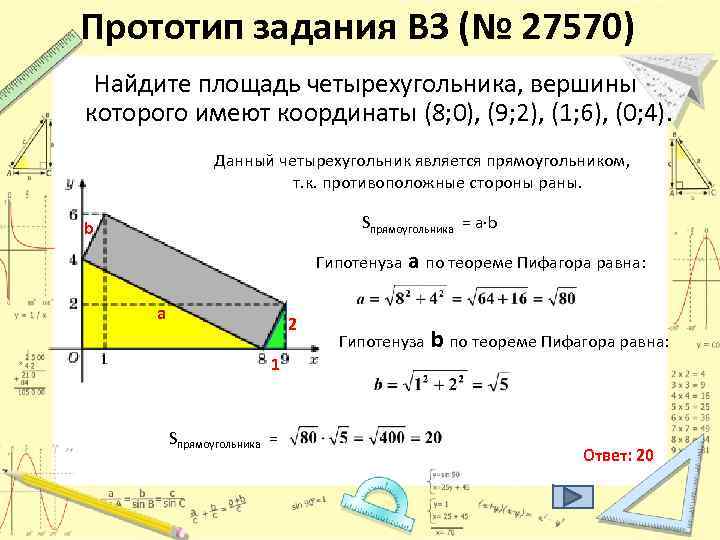 Прототип задания B 3 (№ 27570) Найдите площадь четырехугольника, вершины которого имеют координаты (8;