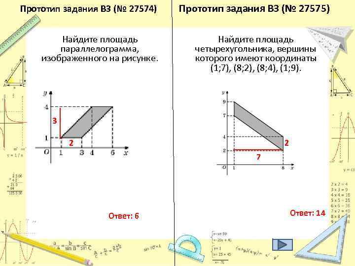 Прототип задания B 3 (№ 27574) Найдите площадь параллелограмма, изображенного на рисунке. Прототип задания