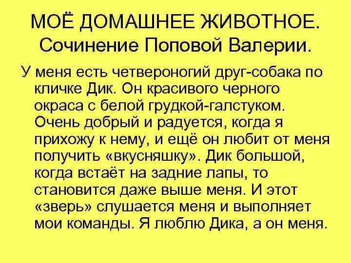 МОЁ ДОМАШНЕЕ ЖИВОТНОЕ. Сочинение Поповой Валерии. У меня есть четвероногий друг-собака по кличке Дик.