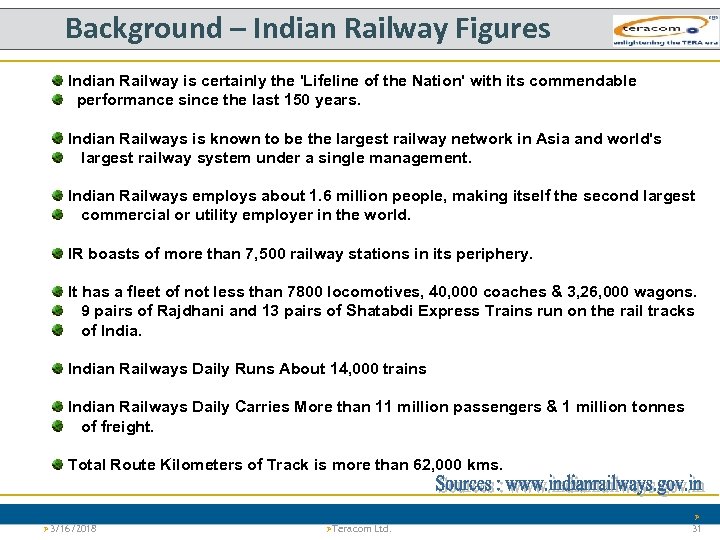 Background – Indian Railway Figures Indian Railway is certainly the 'Lifeline of the Nation'