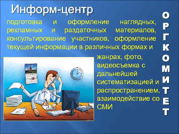 Информ-центр О подготовка и оформление наглядных, рекламных и раздаточных материалов, Р консультирование участников, оформление