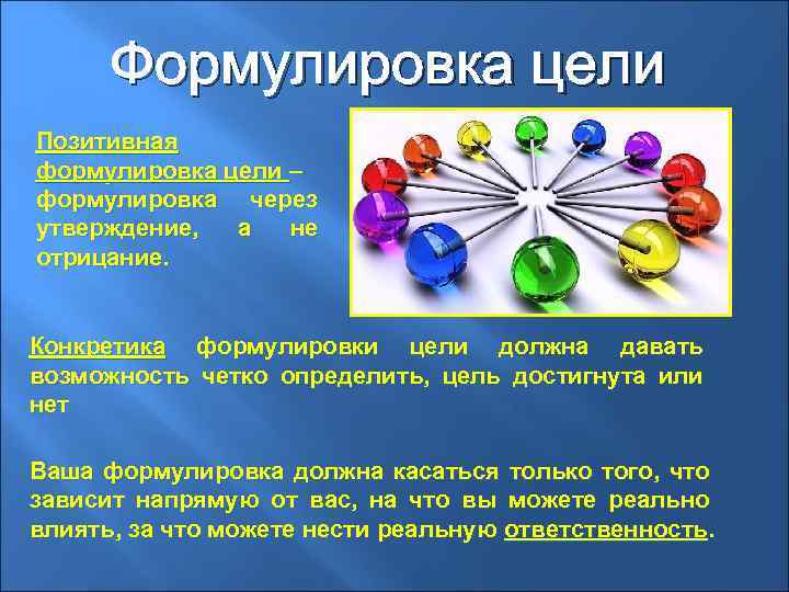Формулировка цели Позитивная формулировка цели – формулировка через утверждение, а не отрицание. Конкретика формулировки