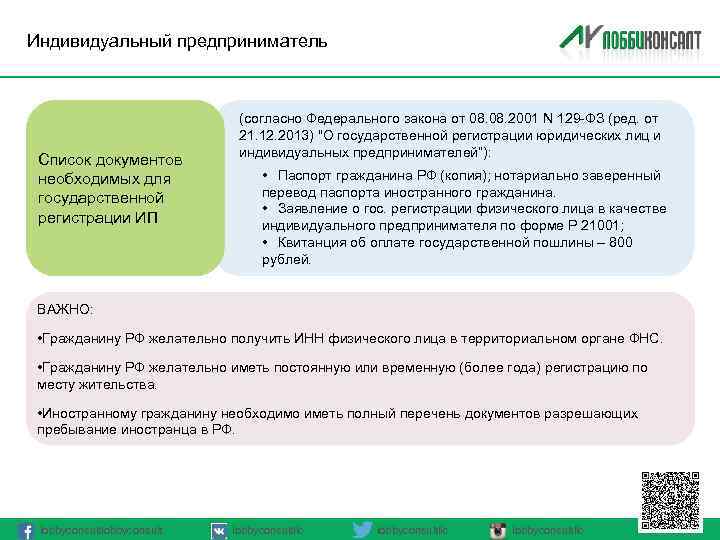 Индивидуальный предприниматель Список документов необходимых для государственной регистрации ИП (согласно Федерального закона от 08.