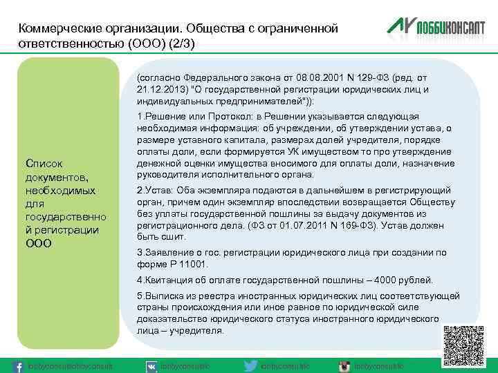 Коммерческие организации. Общества с ограниченной ответственностью (ООО) (2/3) (согласно Федерального закона от 08. 2001