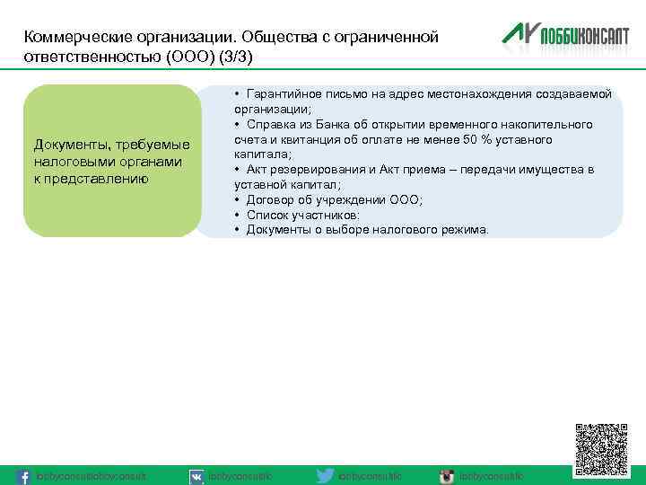 Коммерческие организации. Общества с ограниченной ответственностью (ООО) (3/3) Документы, требуемые налоговыми органами к представлению