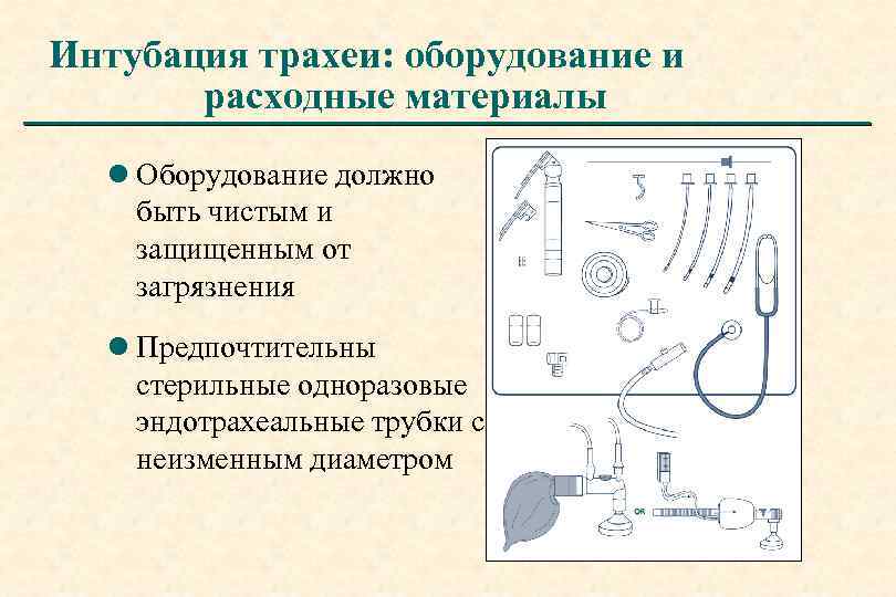 Интубация трахеи: оборудование и расходные материалы l Оборудование должно быть чистым и защищенным от