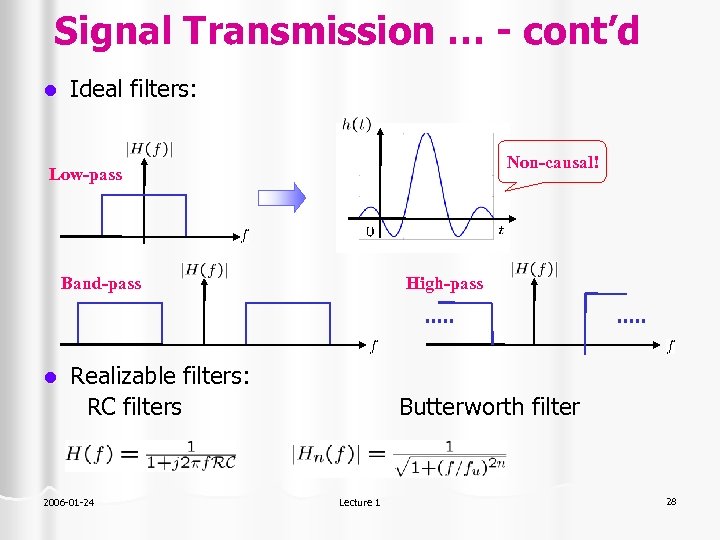 Signal Transmission … - cont’d l Ideal filters: Non-causal! Low-pass Band-pass l High-pass Realizable