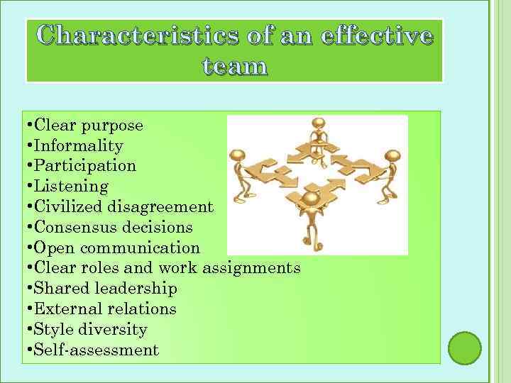 Characteristics of an effective team • Clear purpose • Informality • Participation • Listening