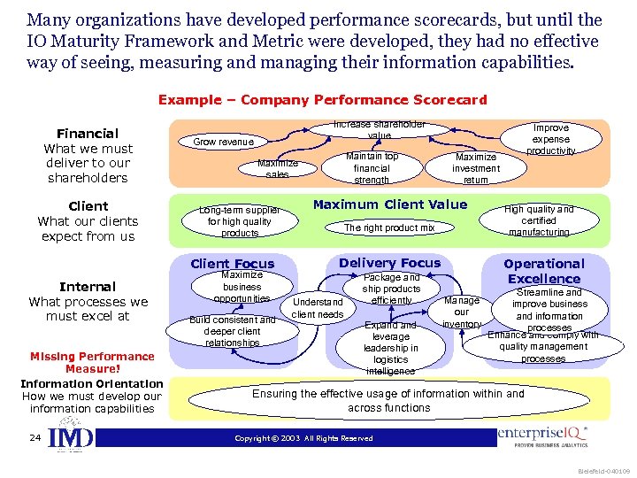 Many organizations have developed performance scorecards, but until the IO Maturity Framework and Metric