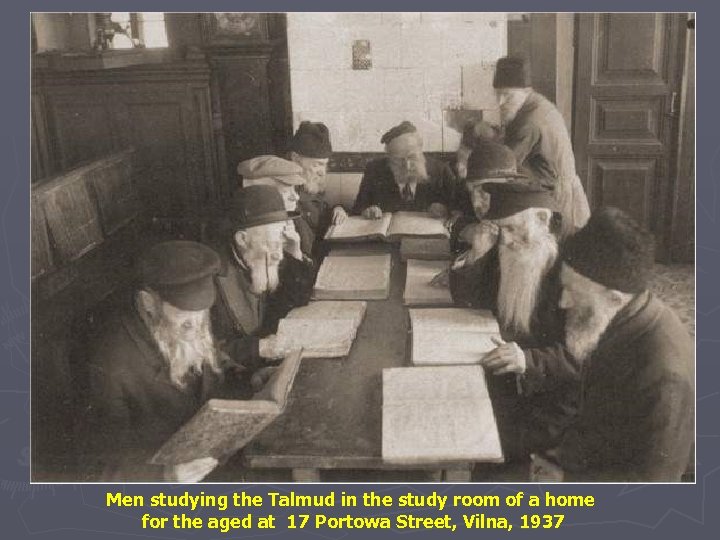 Men studying the Talmud in the study room of a home for the aged