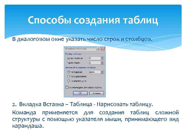 Способы создания таблиц В диалоговом окне указать число строк и столбцов. 2. Вкладка Вставка