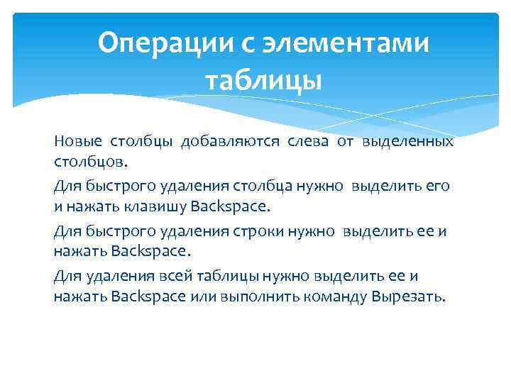 Операции с элементами таблицы Новые столбцы добавляются слева от выделенных столбцов. Для быстрого удаления