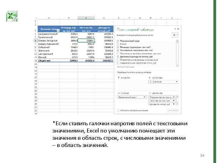 *Если ставить галочки напротив полей с текстовыми значениями, Еxcel по умолчанию помещает эти значения