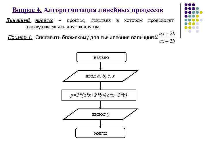 Вопрос 4. Алгоритмизация линейных процессов Линейный процесс – процесс, действия последовательно, друг за другом.