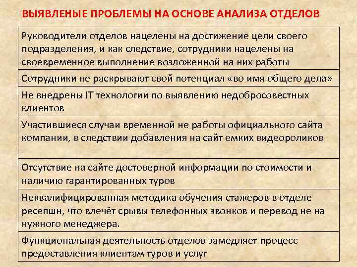 ВЫЯВЛЕНЫЕ ПРОБЛЕМЫ НА ОСНОВЕ АНАЛИЗА ОТДЕЛОВ Руководители отделов нацелены на достижение цели своего подразделения,