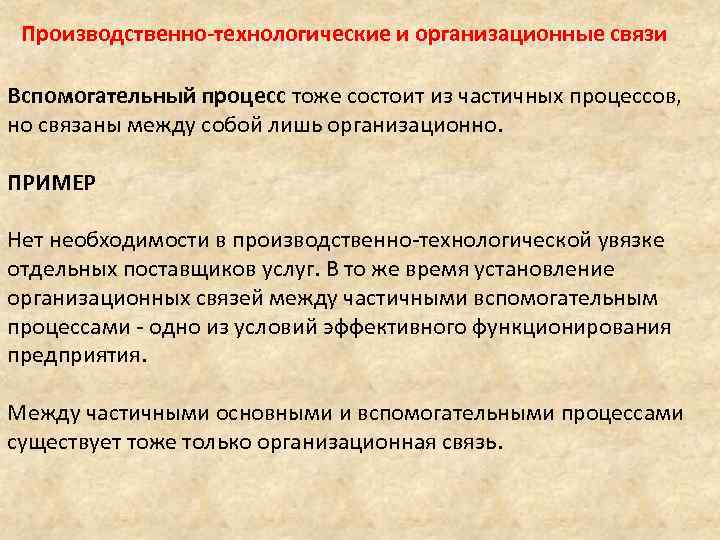 Производственно-технологические и организационные связи Вспомогательный процесс тоже состоит из частичных процессов, но связаны между