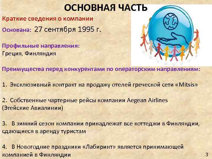 ОСНОВНАЯ ЧАСТЬ Краткие сведения о компании Основана: 27 сентября 1995 г. Профильные направления: Греция,