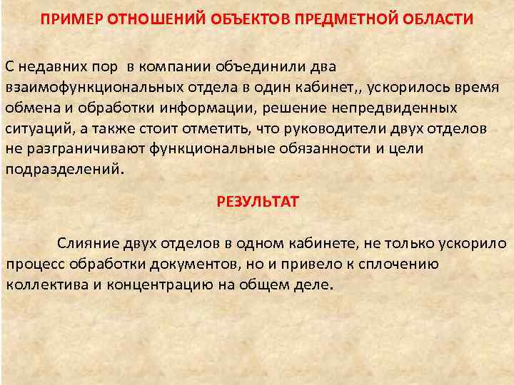 ПРИМЕР ОТНОШЕНИЙ ОБЪЕКТОВ ПРЕДМЕТНОЙ ОБЛАСТИ С недавних пор в компании объединили два взаимофункциональных отдела