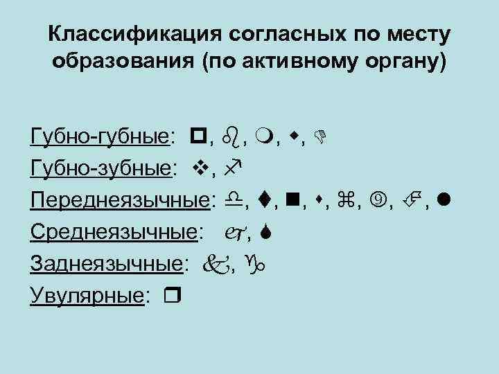 Классификация согласных по месту образования (по активному органу) Губно-губные: , , Губно-зубные: , Переднеязычные: