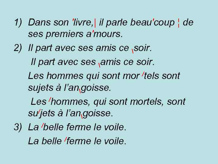 1) Dans son 'livre, | il parle beau'coup ¦ de ses premiers a'mours. 2)