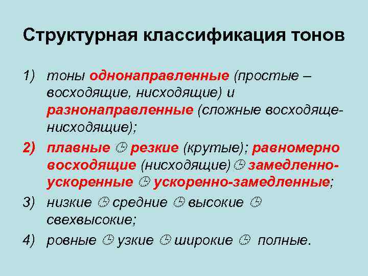 Структурная классификация тонов 1) тоны однонаправленные (простые – восходящие, нисходящие) и разнонаправленные (сложные восходященисходящие);