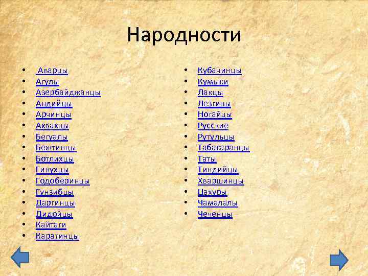 Народности • • • • Аварцы Агулы Азербайджанцы Андийцы Арчинцы Ахвахцы Бегуалы Бежтинцы Ботлихцы