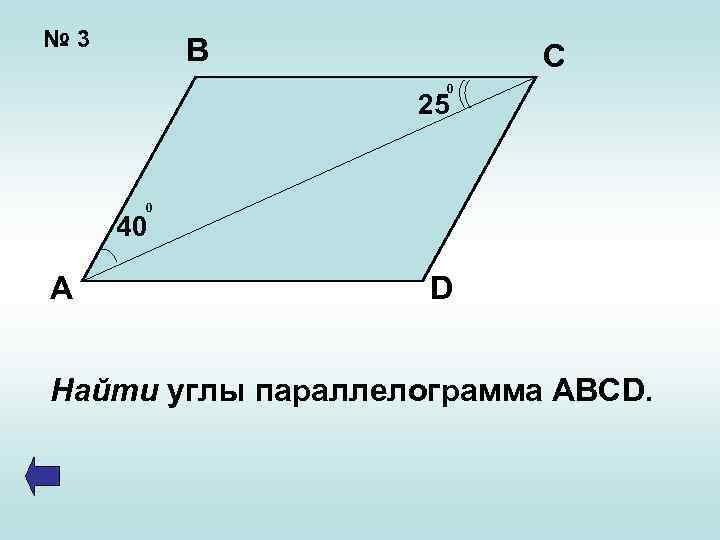 № 3 В С 0 25 0 40 А D Найти углы параллелограмма ABCD.