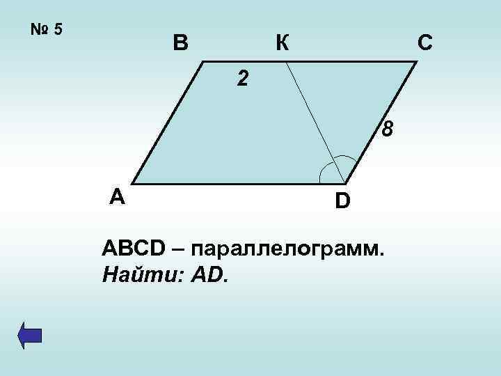 № 5 В К С 2 8 А D ABCD – параллелограмм. Найти: AD.