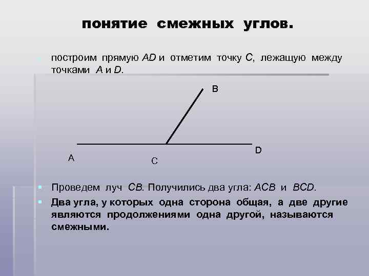 понятие смежных углов. - построим прямую АD и отметим точку С, лежащую между точками