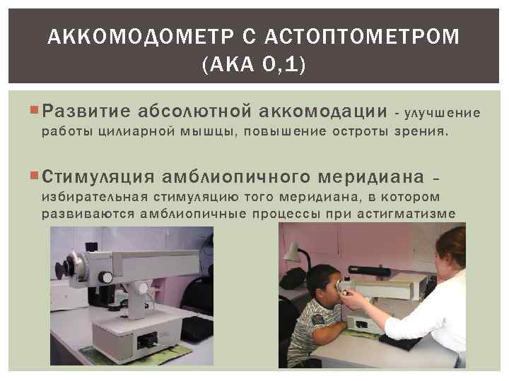 АККОМОДОМЕТР С АСТОПТОМЕТРОМ (АКА 0, 1) Развитие абсолютной аккомодации - улучшение работы цилиарной мышцы,