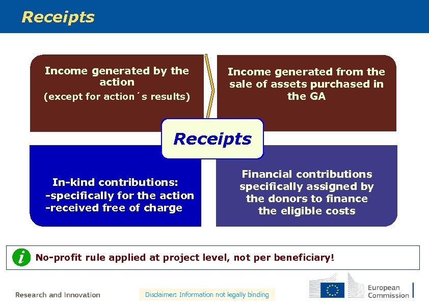 Receipts Income generated by the action (except for action´s results) Income generated from the
