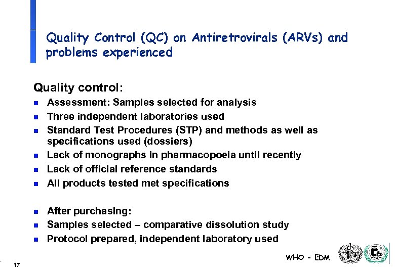 Quality Control (QC) on Antiretrovirals (ARVs) and problems experienced Quality control: n n n