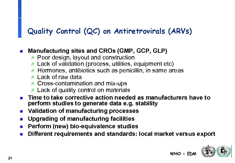 Quality Control (QC) on Antiretrovirals (ARVs) n n n 21 Manufacturing sites and CROs