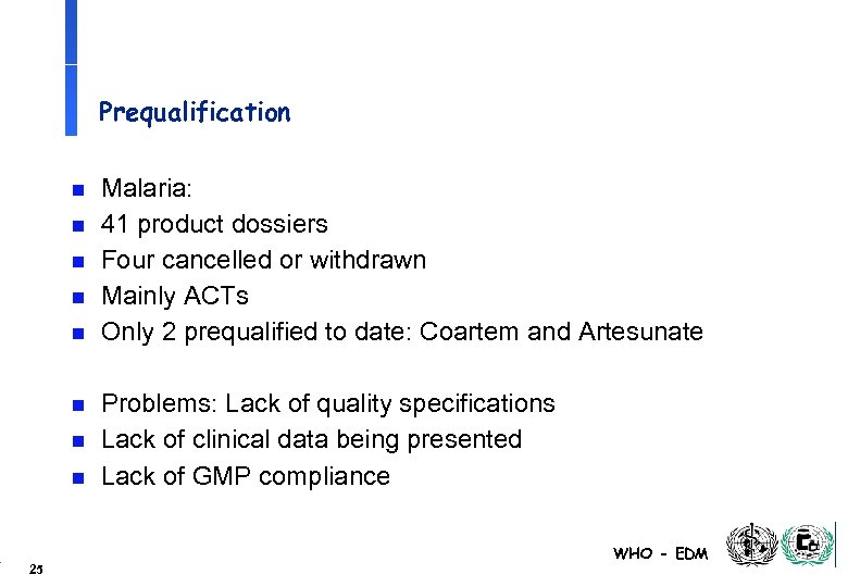 Prequalification n n n n 25 Malaria: 41 product dossiers Four cancelled or withdrawn