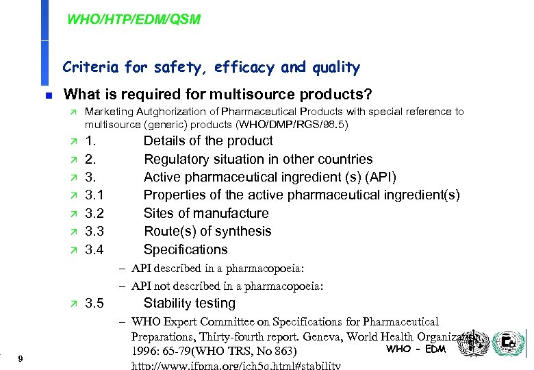 WHO/HTP/EDM/QSM Criteria for safety, efficacy and quality n What is required for multisource products?