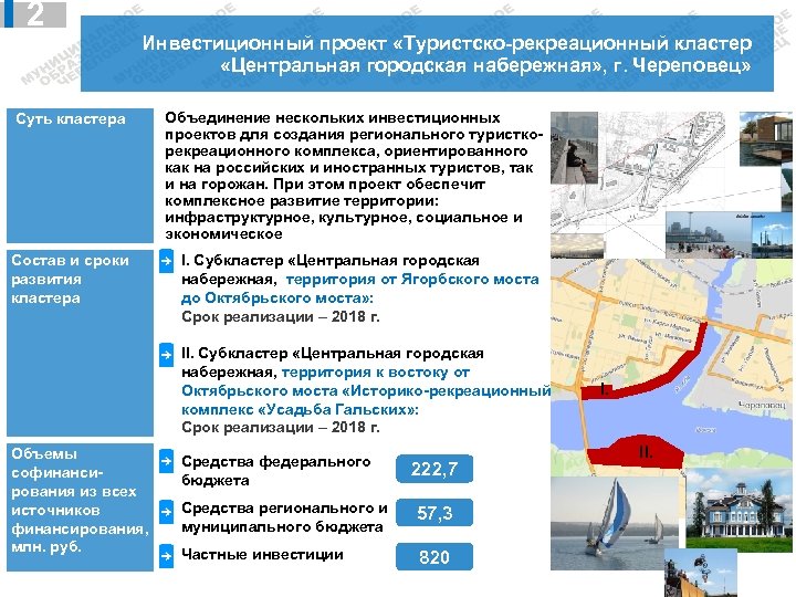 2 Инвестиционный проект «Туристско-рекреационный кластер «Центральная городская набережная» , г. Череповец» Суть кластера Состав