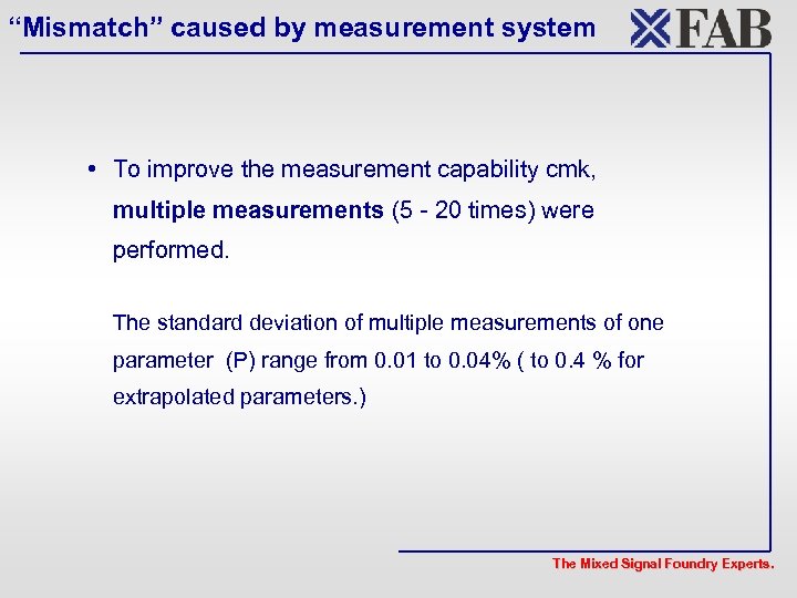 “Mismatch” caused by measurement system • To improve the measurement capability cmk, multiple measurements
