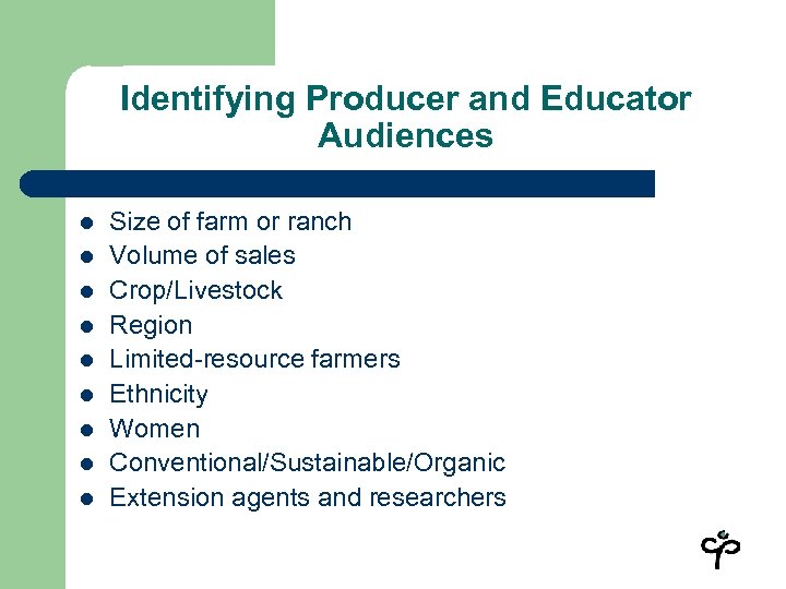 Identifying Producer and Educator Audiences l l l l l Size of farm or