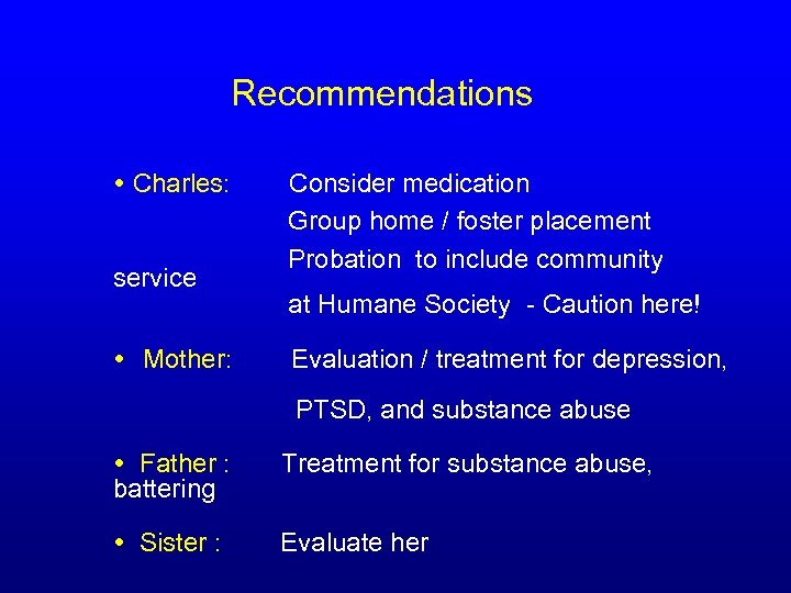 Recommendations Charles: Consider medication Group home / foster placement Probation to include community service
